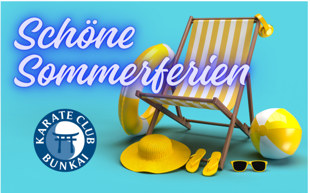 Text für Sommerferien mit Strandutensilien in Gelb